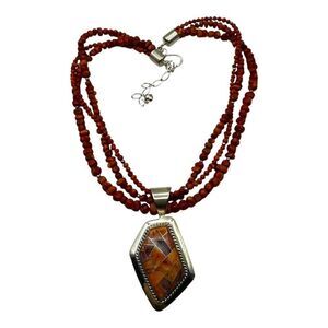 Mosaic Amber Triple Strand Beaded Necklace With Pendant Jay King 925 Silver 18"